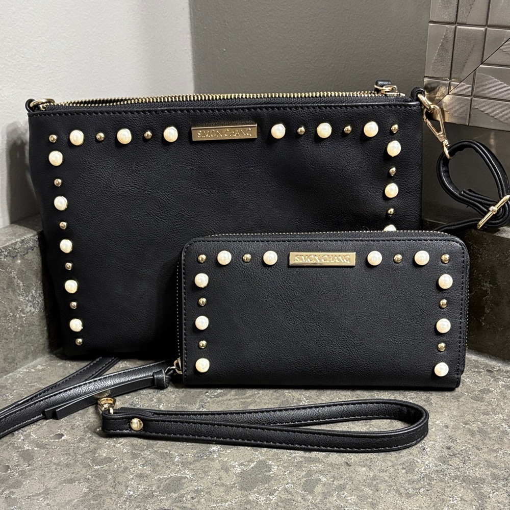 Simon Chang Black and Gold Pearl-Studded Clutch Set NWOT